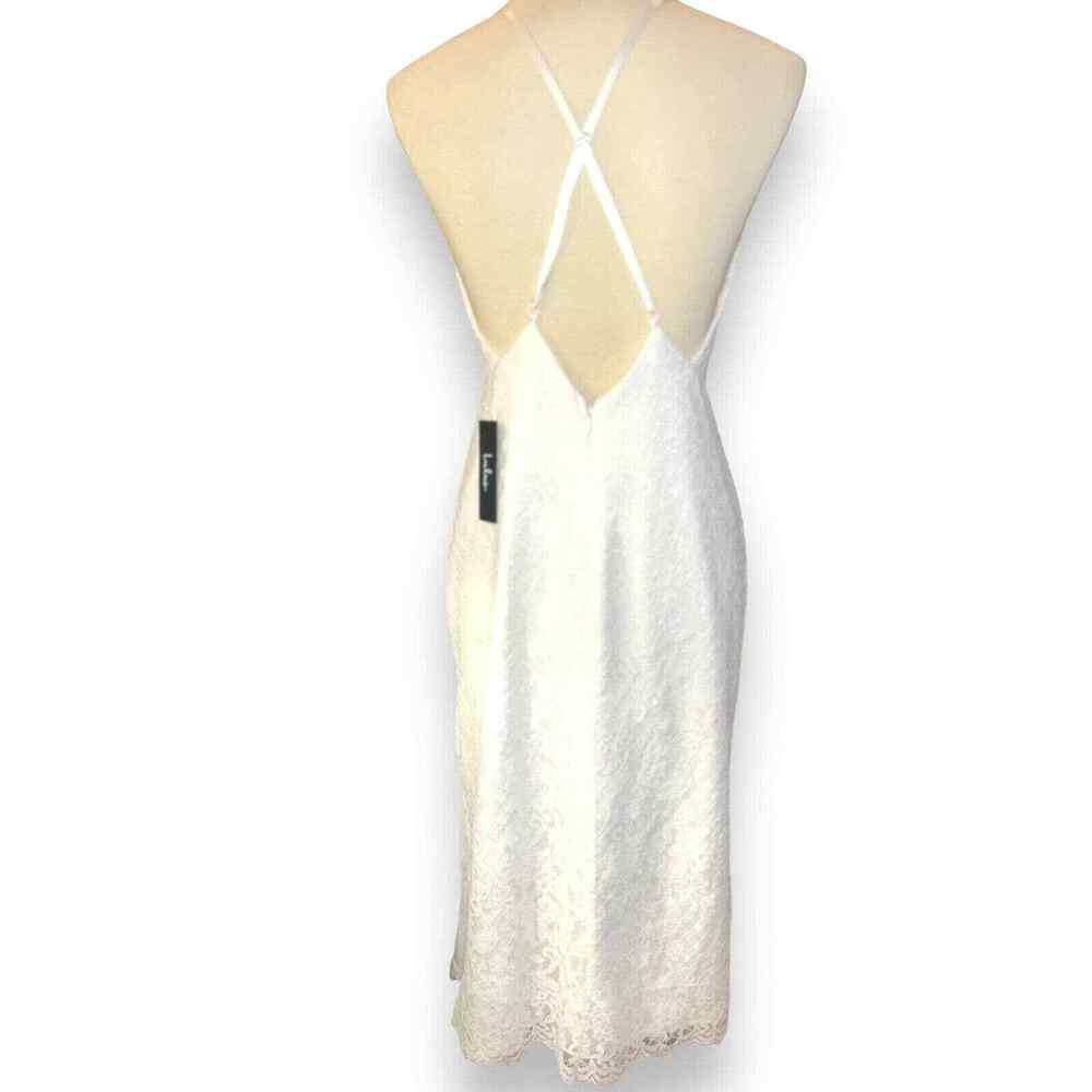 Lulus White Lace Entrance Fully Lined Midi Dress Women's Size L Scalloped Hem - Picture 8 of 11